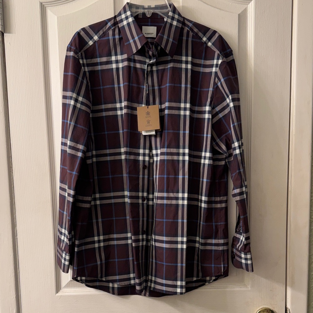 Burberry Men's Deep maroon IP Check Plaid Shirt Size large New with tags